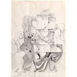 David Gerstein, After Dinner, Ink and Wash Drawing