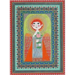 Bjorn Wiinblad, Angel Holding Rose, Gouache Painting with overlay
