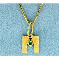 M Pendant with an Emerald on a 16 Inch Box Link Chain