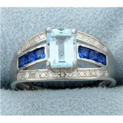 Emerald Cut 1.2ct Blue Topaz Ring with Diamonds