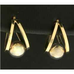 Half Hoop Designer Earrings with Suspended Sphere in 14k Gold