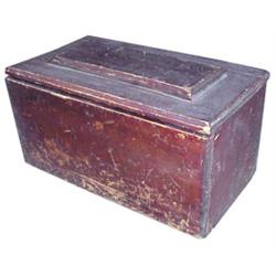 Wooden storage box, old red paint and chamfered top, 12H x 24W