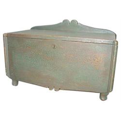 Small wood trunk with lift top, scalloped trim, green paint, 17H x 24W.