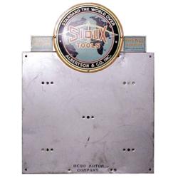 Metal display sign rack for "Sioux Tools," nice graphics, 24”W x 31”H.