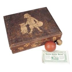 Buster Brown pyrography box, 3 BB premium coupons & 2 BB rubber balls, 1" & 2" Dia.