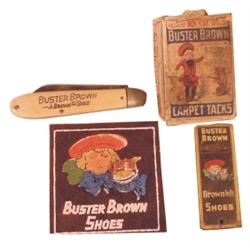 Buster Brown Shoes 3 1/2" pocket knife, BB Carpet Tacks w/contents, BB whistle & BB shoulder patch.