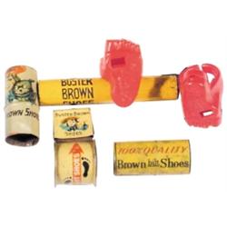 6 Buster Brown whistles:  3 very early tin, 2 plastic ring type & 1 wooden.