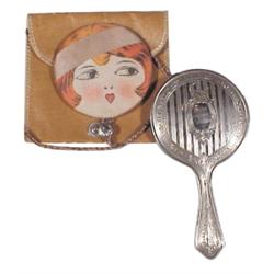 Buster Brown purse, flap opens to reveal mirror, 7"L & BB Shoes mirror w/handle, 5"L.