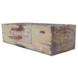 Large Buster Brown Blue Ribbon Shoes wooden box, some staining, 41"L.