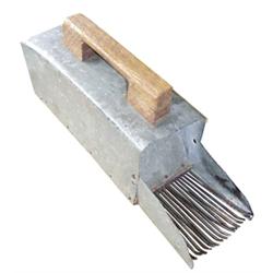 Metal grain scoop with wooden handle.