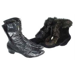 Lot of 2:  black high top laced shoes & velvet fur lined ladies boots, early 1900's.