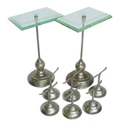 8 glass and nickel plated iron shoe display stands, 6 are 4" and 2 are 10" H (glass nicks).