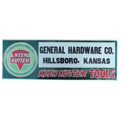 Embossed tin sign for "Keen Kutter," Hillsboro, KS. 28"W.