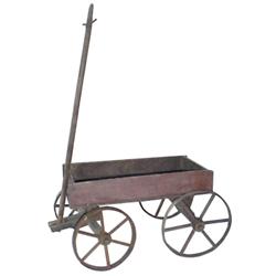 Child's pull toy wagon, some original red paint.  42"L x 10"H.