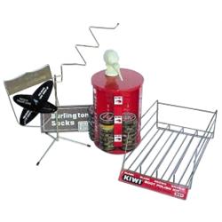 Revolving metal Kiwi Shoe Polish display rack w/product, wire rack & 2 Burlington Socks signs.