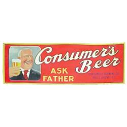 Embossed tin sign for "Consumer's Beer, Hills Grove, RI," 28"W x 10"H.