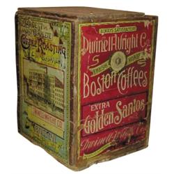 Wooden store box, "Boston Coffee."C.1900, w/lid, 15”W x 20”H.
