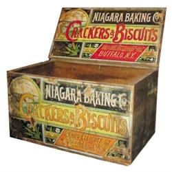 Wooden store box, "Niagara Baking  Crackers & Biscuits. NY" C.1900, 19”W x 11”H.
