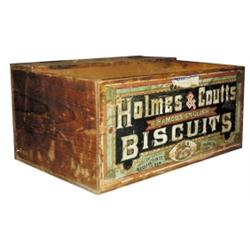 Advertising wooden box for "Holmes & Coutt's Biscuits," 19”W x 9”H.