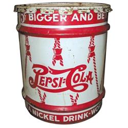 Tin bulk syrup drum for "Pepsi-Cola." Good paint, 17”H.
