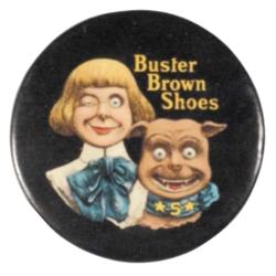 Buster Brown Shoes pocket mirror, Whitehead & Hoag, VG cond., C. 1905, 2" Dia.