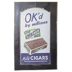 Litho on cdbd. sign for "Blue Ribbon Cigars." 17”W x 30”H.