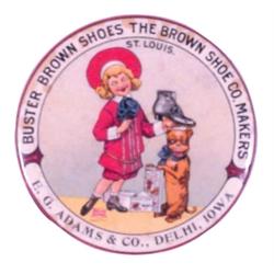 Buster Brown Shoes pocket mirror, adv. E.G. Adams & Co., Delhi, IA., VG cond., C. 1900, 2 1/4" Dia.