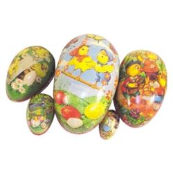 Lot of 5 lithographed cardboard West German Easter eggs, 3" to 10"L.