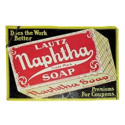 "Naptha Soap," tin sign, C.1912.  Bent corner, otherwise, good condition, 18”W x 12”H.