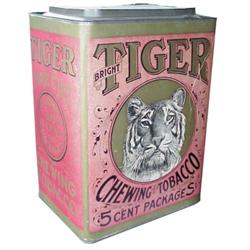 "Tiger Chewing Tobacco" cardboard & tin country store advertising container, 11"H.