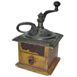 Wood & iron coffee grinder w/orig. paper sticker, National Coffee Mill, Conn., 10"H.