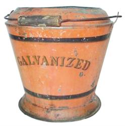Galvanized cinder bucket w/original orange/black paint w/lettering, 11"H.