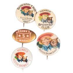 5 Buster Brown pinbacks, all early 1900's and approx. 1" Dia.