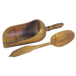 Lot of 2:  1 pc. wooden scoop w/age crack, 15" L & carved wooden spoon, 15"L.