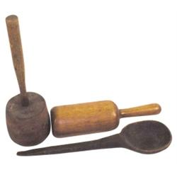 Lot of 3:  1 carved wooden spoon, 16" L & 2 wooden mashers, 13" & 14"H.