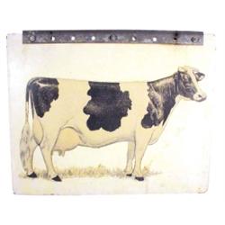 Masonite double-sided cow sign w/metal hanger, nice condition, 23"W x 19"H.