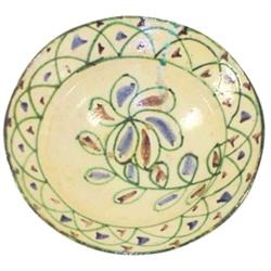 Earthenware latticework bowl decorated w/blue/green/brown flowers, 12" Dia.