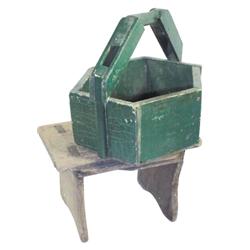 Lot of 2:  1 Primitive walnut stool w/pegged top, 8"H & 1 primitive green hexagon-shaped wooden tote