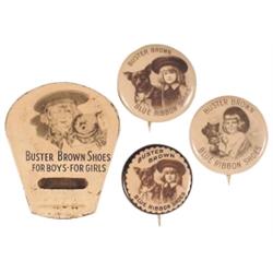 3 early 1900's Buster Brown pinbacks, 1" Dia & early BB metal whistle, 1 3/4", all 4 in sepia tones.