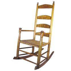 Early wooden ladder back rocker w/woven seat, 44"H.