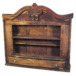 Pine hanging cupboard w/carved trim and drawer, 34"W x 33"H.