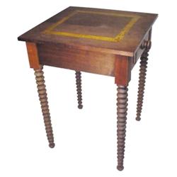 Walnut table w/tiger maple inlay, dovetailed drawer & spool legs, 29"H x 12" Square.