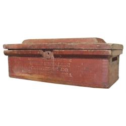 Hinged tool chest made from old cartridge box, old red paint, 22" L.