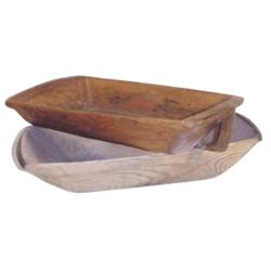 Lot of 2:  Oblong wooden dough bowl w/handle, 25"L. & Wooden dough bowl w/metal trim, 26"L.