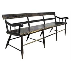 Neat old Deacon’s bench w/old black paint, 82" L. Great lines.
