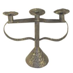 Old 3 candle candleholder, hammered design on base & arms, 11"H.