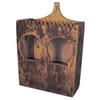 Image 1 : Hanging primitive wooden candle box w/2 holes & notched top, old brown paint, 14"H.