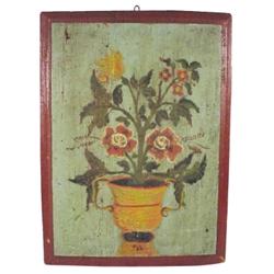 Highly decorated painted lid to candle box, great to display on wall, 14"W x 20"H.