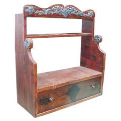 Hanging two shelf one drawer cupboard, hand carved & dovetailed, 21"H.