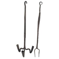Lot of 2:  Hand forged hanging iron candleholder, 16"L. & early hand forged fork, 16 1/2"L.